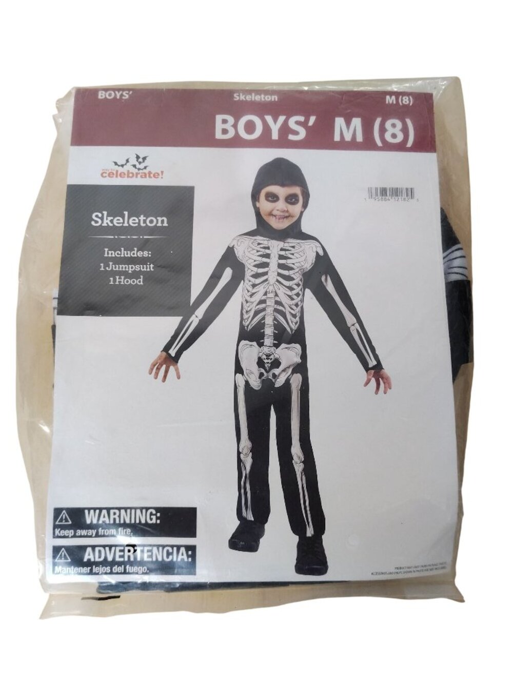 Boys Skeleton Halloween Costume Jumpsuit & Hood Size M 8 Celebrate! NIP